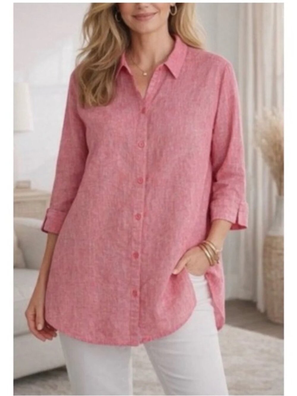 Chico's No Iron Linen Loop Back Tunic Top Women Pink Loose-Fitting Minimalist Sm